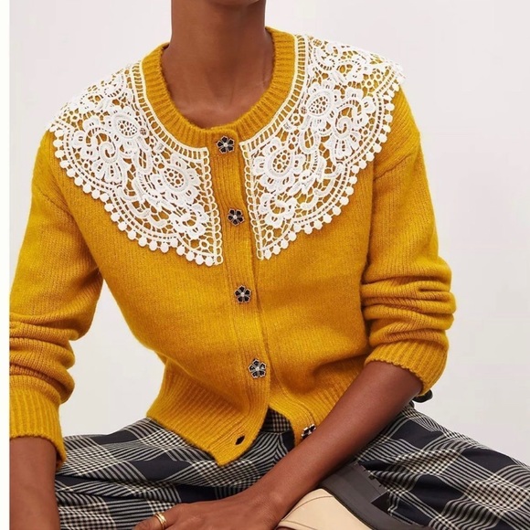 Maeve by Anthropologie Lace Collar Mustard Yellow Cardigan Size M - Picture 3 of 16